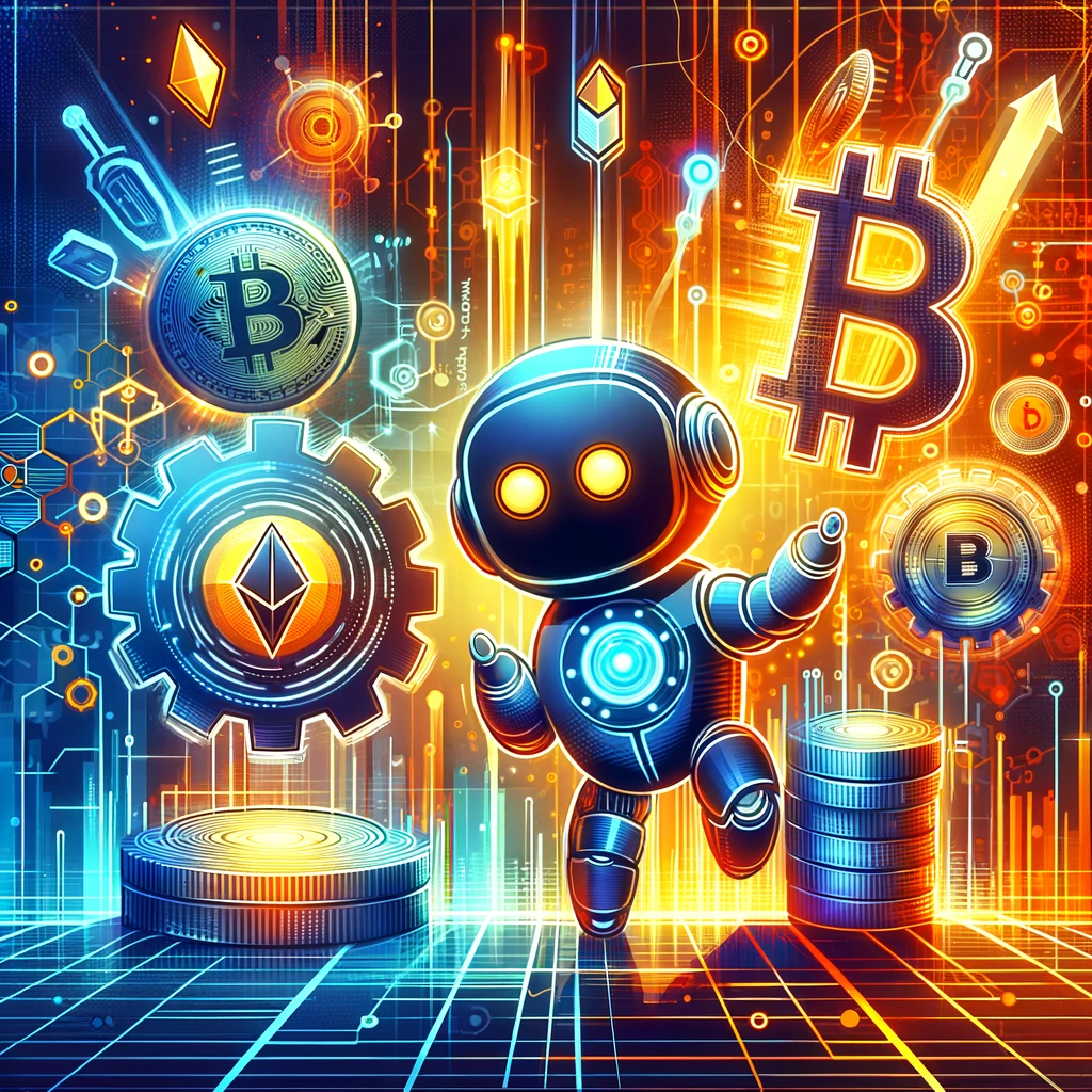 Dynamic illustration representing SYGNAL's automated cryptocurrency trading solutions, featuring bots, gears, and blockchain symbols to highlight the top 10 crypto bot platforms of 2024